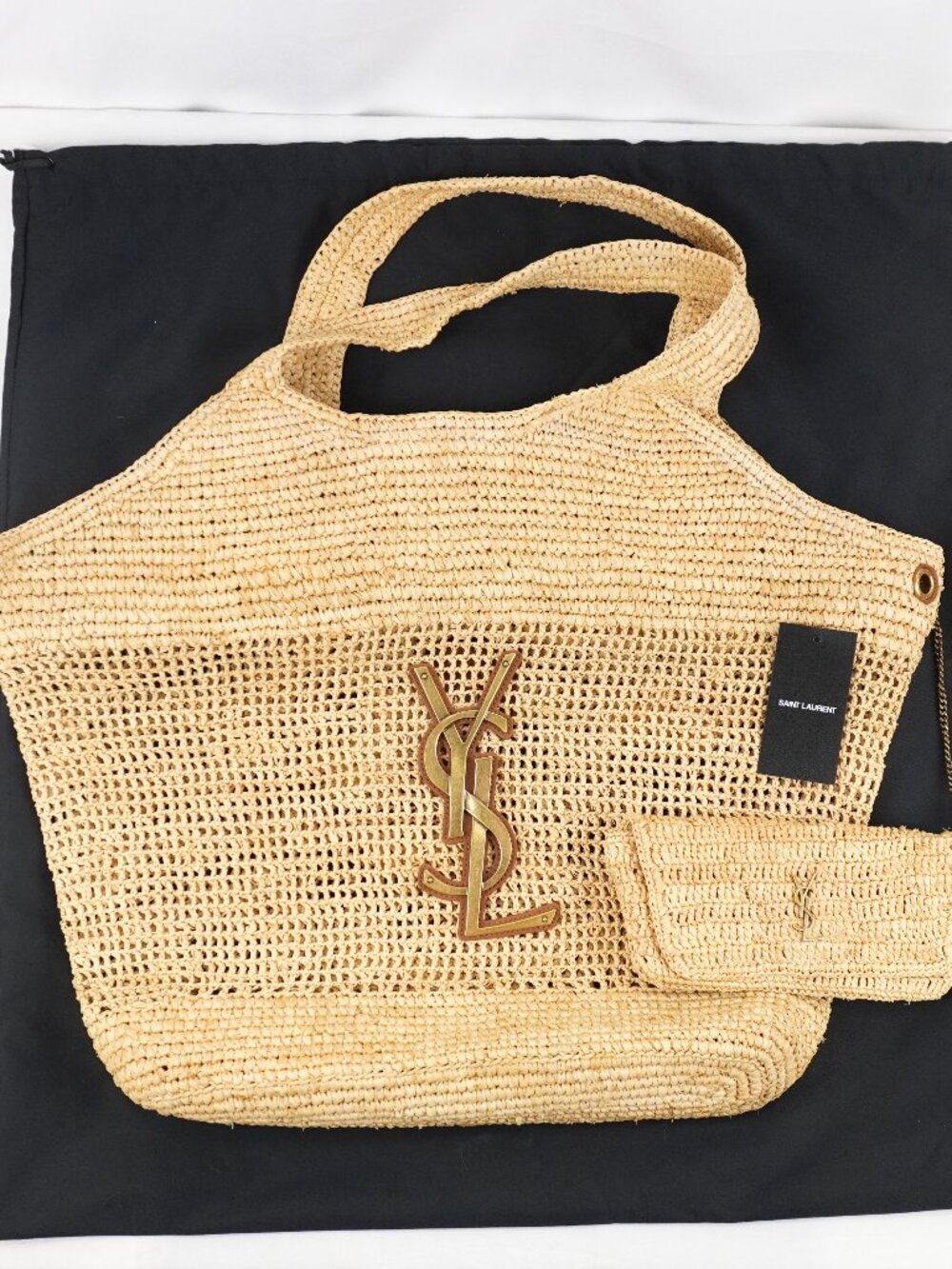 Saint Laurent Icare Raffia Tote Bag In Natural & Gold Hardware With Pouch